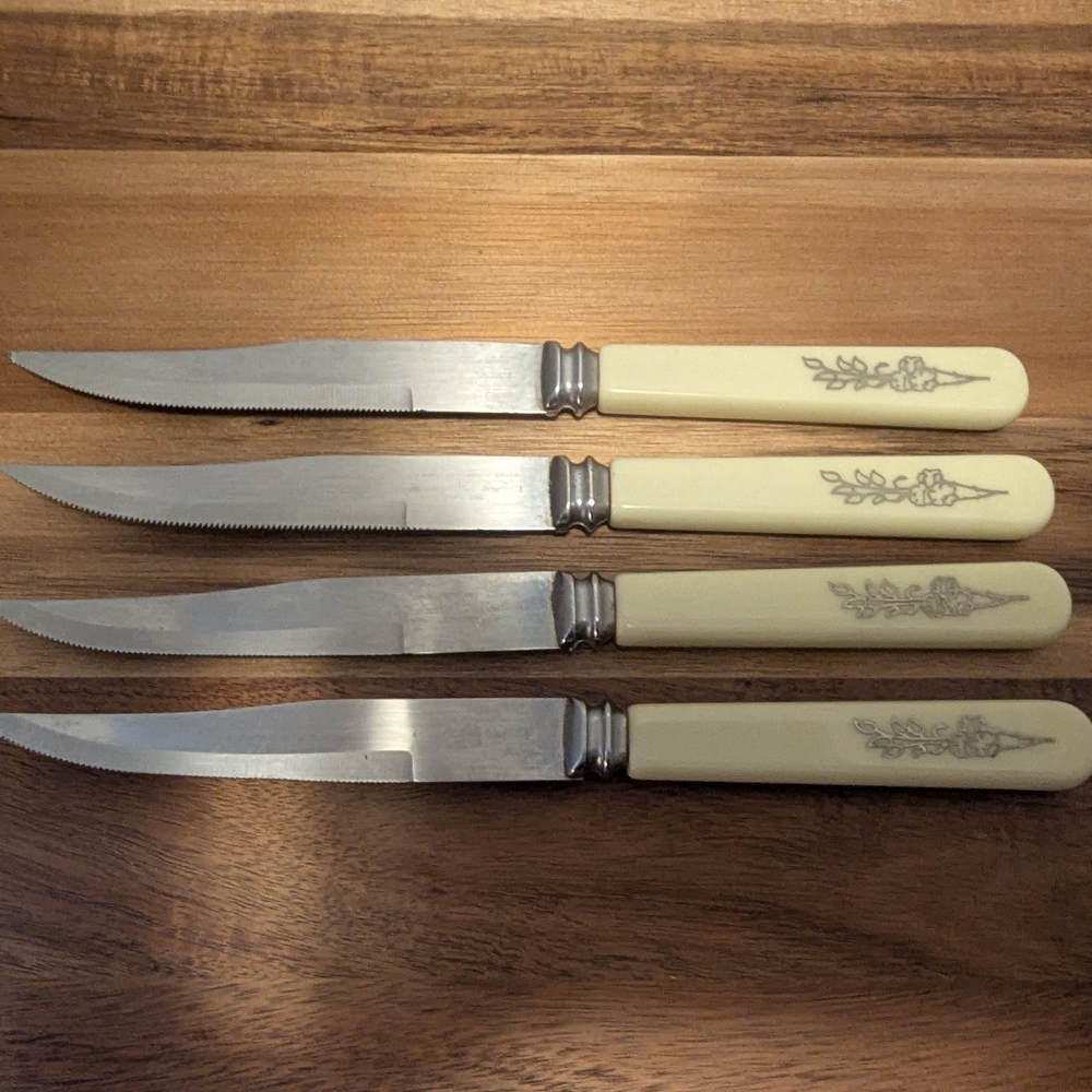 Vintage Regent Sheffield Ivory Floral Handle Steak Knives- Set Of 4